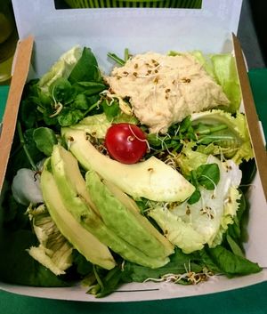 Healthy salad with hummus, avocado, sprouts... at Tapas del Huerto in Tenerife