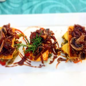 Grilled tofu with onions (portion sizes seem smaller than previous photos!) at The Town in Funchal