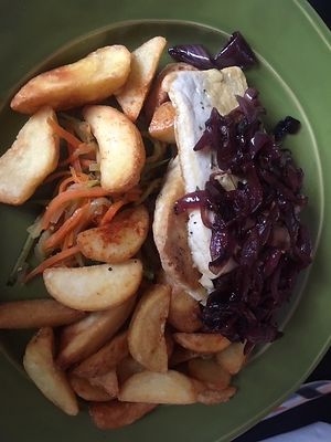 marinated tofu with caramelized onion and potato chips - excellent! at The Town in Funchal