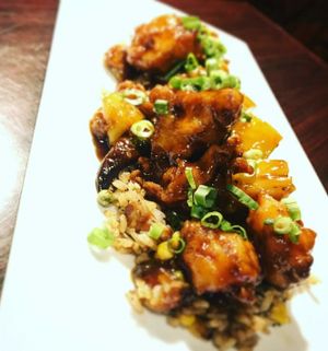 Vegan General Tso's Cauliflower with Grilled Pineapple. G/F as well! at Swift Half in North Haven