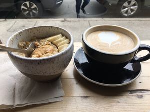 Banana PB with peanut butter and sweetened with maple syrup! No refined sugar :). And Maple Pecan Latte delicious! at Oat Shop in Somerville