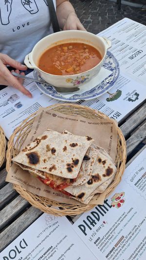 Grilled veggies piadine and chickpea soup at Casina del Bosco in Rimini