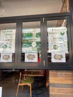 Posters on the front window at The Merri in Preston