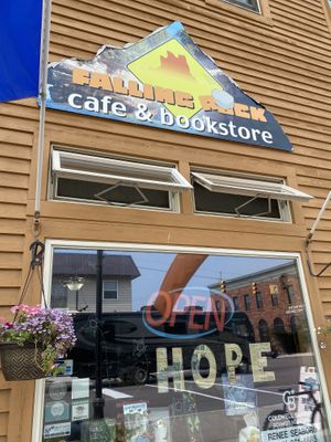 Outside at Falling Rock Cafe & Bookstore in Munising