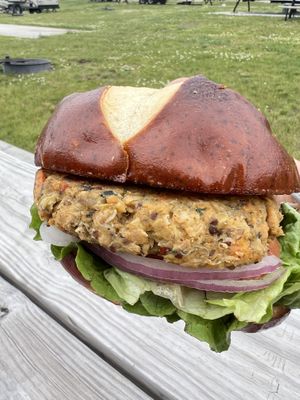 Sweet potato quinoa burger on a pretzel bun!   at Falling Rock Cafe & Bookstore in Munising