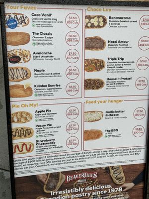 Menu. Vegan options have green leave symbol at BeaverTails in Ottawa