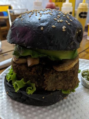Lentils burger with black bread at Burger Chulls in Arequipa