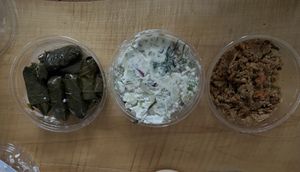 Stuffed grape leaves, potato salad, spiced tempeh mix (all clearly labeled as Vegan)  at The Local Grocer in North Conway