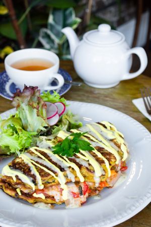 Mushroom Omelette 
Chickpea, mushrooms, picante peppers, cheeze, salsa, garlic ailoi at Miranda Cafe in North London