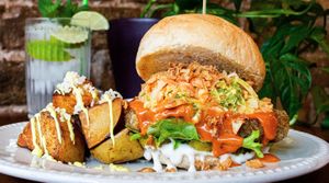Buffalo chick’n burger ❤
Crispy chick’n, buffalo sauce, cheez, slaw, gherkin, mayo, crispy onions 
 at Miranda Cafe in North London