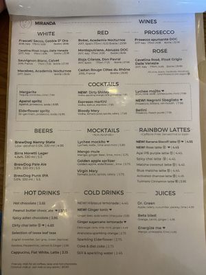 Drinks menu  at Miranda Cafe in North London