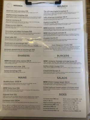 Food menu  at Miranda Cafe in North London