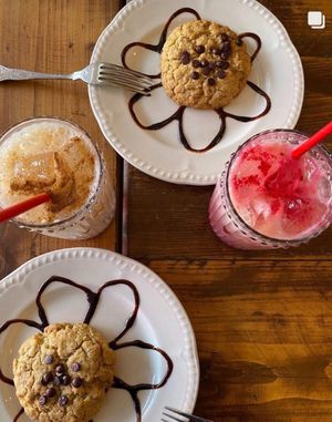 Iced Rose lattes, Iced banana biscoff lattes and cookies? at Miranda Cafe in North London