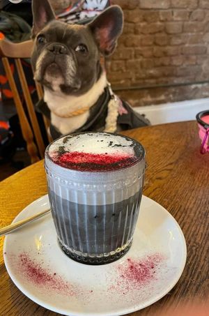 Activated Charcoal latte and a happy customer at Miranda Cafe in North London