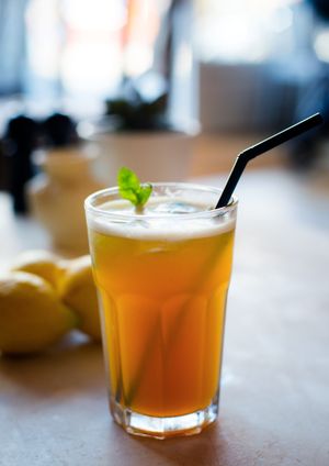 Tropical Sugar Cane Lemonade. Sugar cane Molasse with Lemon, mint and ginger     
  at Miranda Cafe in North London