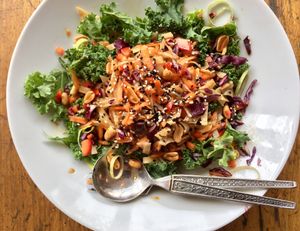 Rainbow Salad. Raw vegetables
With rice noodles, peanuts and a dressing of soy and sesame oil.  at Miranda Cafe in North London