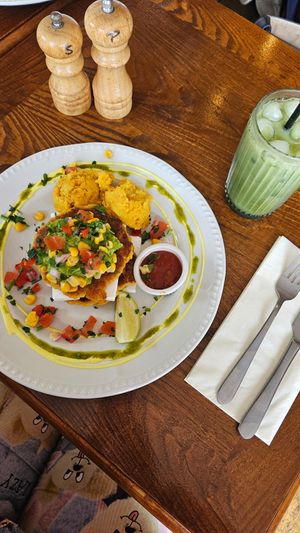 Sweetcorn pancakes + tofu scramble at Miranda Cafe in North London