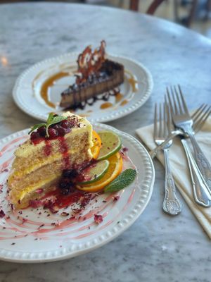 Sicilian lemon cake and dark chocolate ride tart at Miranda Cafe in North London
