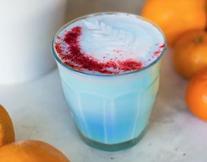 Blue Lattes! at Miranda Cafe in North London