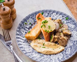 Chargrilled Artichokes , Garlic Crostini and homemade Hummus at Miranda Cafe in North London