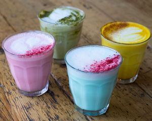 Colourful Lattes at Miranda Cafe in North London