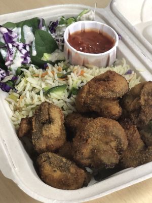 To-Go - fried mushrooms with marinara sauce.  at Sweet and Blue in Willemstad