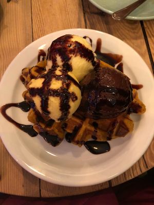 Waffle with 3 scoops of ice cream  at La Gelatiera in London