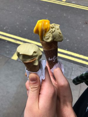 pistachio baby cone & regular sized mango and pistachio  at La Gelatiera in London