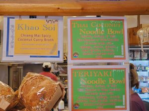 They feature the two vegan noodle bowls (in green). at Stony Ridge Uncommon Kitchen in Tahoe City