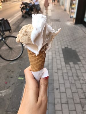 Hazelnut and plain rice milk ice cream at Bougainvillea Gelateria in Sorrento