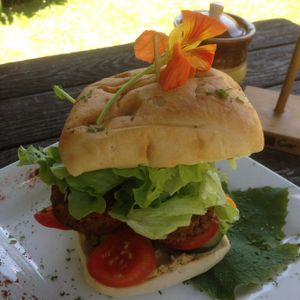 the falafel burger at Driving Creek Cafe and Organics in Coromandel