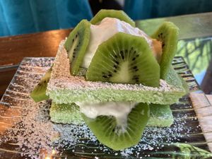 Kiwi Pandan dessert, tasted like pandan cornbread and was very mediocre   at Jade Rabbit in Portland