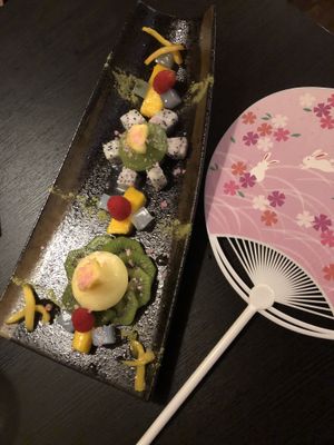 Dessert and complimentary fan at Jade Rabbit in Portland