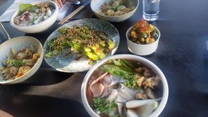 noodle bowl, greens, spicy cucumber, wontons at Jade Rabbit in Portland