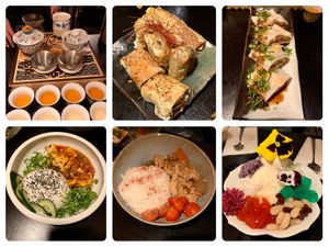 L to R: Gaiwan tea service, appetizer off special list, cheung fun appetizer (my fave), mapo tofu bowl, adobo bowl, dessert! (Note: bowls were split, so pic shows 1/2 portions) at Jade Rabbit in Portland