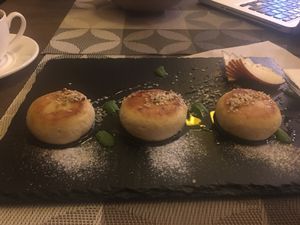 Cottage "cheese" "balls" (= tofu disks?) at KOLO in Kyiv