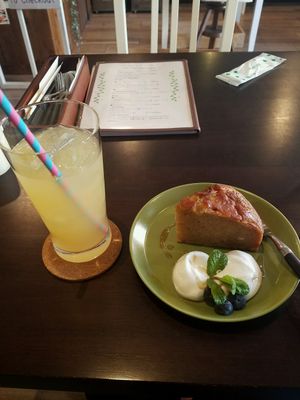 Amazing carrot cake with soy-based cream and some blueberries. It was served warm, which was lovely. Also the apple juice I ordered came with a paper straw - win for the environment!  at Vegi Kitchen Gu Gu in Nagoya