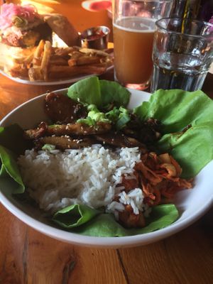 Bulgogi: Seitan with garlic sesame sauce, shiitake mushrooms, coconut rice and kimchi.  at Duino Duende in Burlington