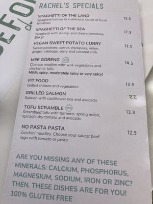 Part of the menu  at Rachel's Eco Love Organic Food in Marbella