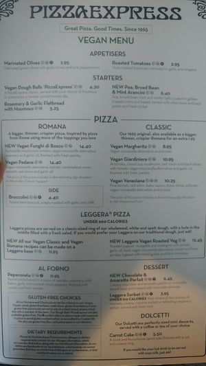 The Menu at Pizza Express in Southend-on-sea