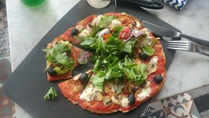 Rocket, Mushroom, Olive and Vegan Mozarella with Legerra Base.   This was AMAZING!! The best pizza I've ever had. at Pizza Express in Southend-on-sea