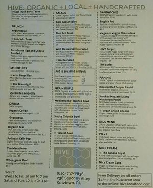 menu at Hive in Kutztown