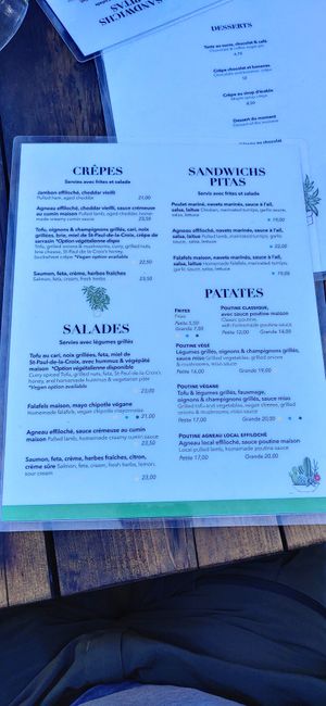 Menu at L'Innocent in Riviere-du-loup