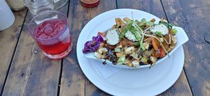 Poutine végane et kombucha at L'Innocent in Riviere-du-loup