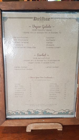 Gelato menu at Drifter Surf Shop & Cafe in Pecatu