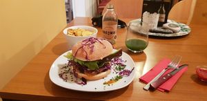 Black bean burger with home made fries. at Vins Vegan in Feistritz An Der Drau