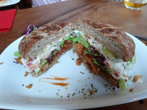 Not the best picture, BBQ-burger. So good!! at Vins Vegan in Feistritz An Der Drau