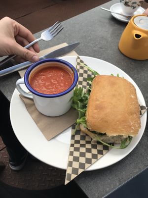 Vegan hummus, courgette and pesto sandwich with vegan tomato and chilli soup  at The Yard Kitchen in Penrith
