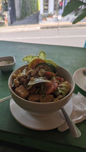 Filling tasty tofu rice bowl. The owner is so lovely and friendly too at Tulasi Vegetarian in Ubud