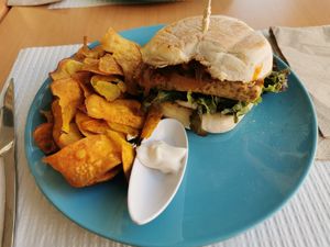Tempeh burger and chips at Veggie Cafe in Albufeira